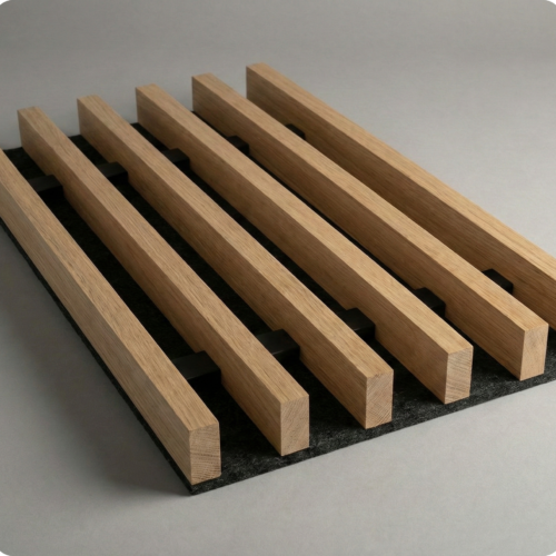 Wood grille ceiling panels with open-grid blade spacing