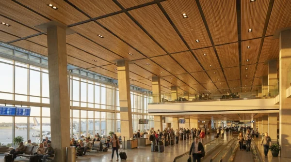 Linear wood ceiling system in an airport concourse