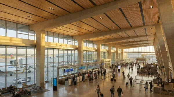 Linear wood ceiling panels at an airport terminal
