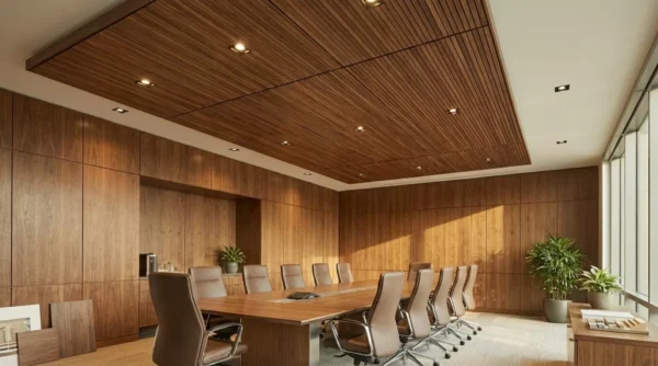 Linear wood ceiling panels in a corporate boardroom