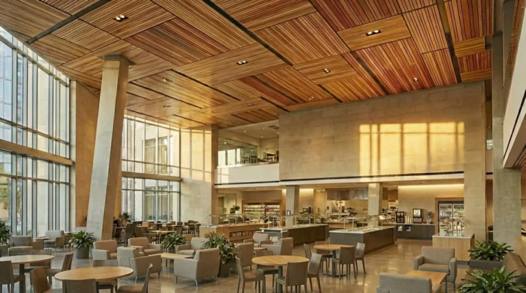Linear wood ceiling panels installed in a cafeteria dining space