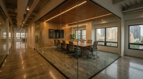 Wood grille ceiling panels along a boardroom hallway