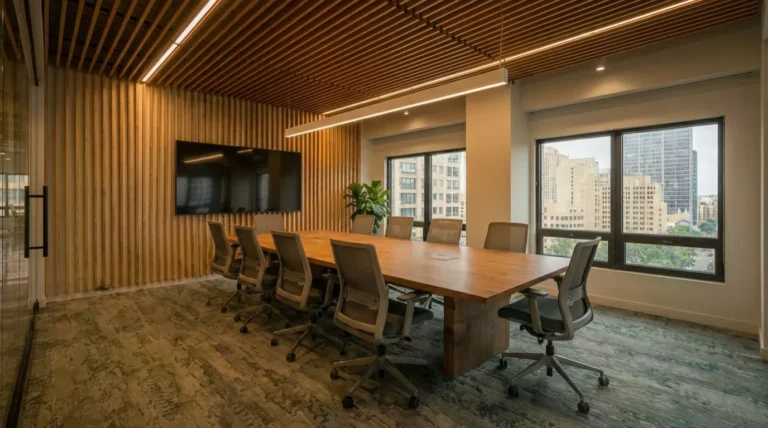 Wood grille ceiling system in a modern boardroom interior