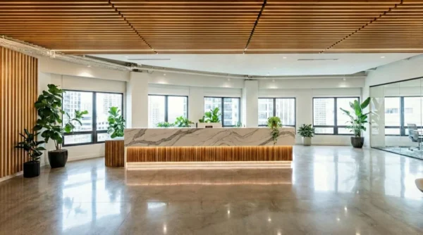 Wood grille ceiling panels in a corporate office lobby