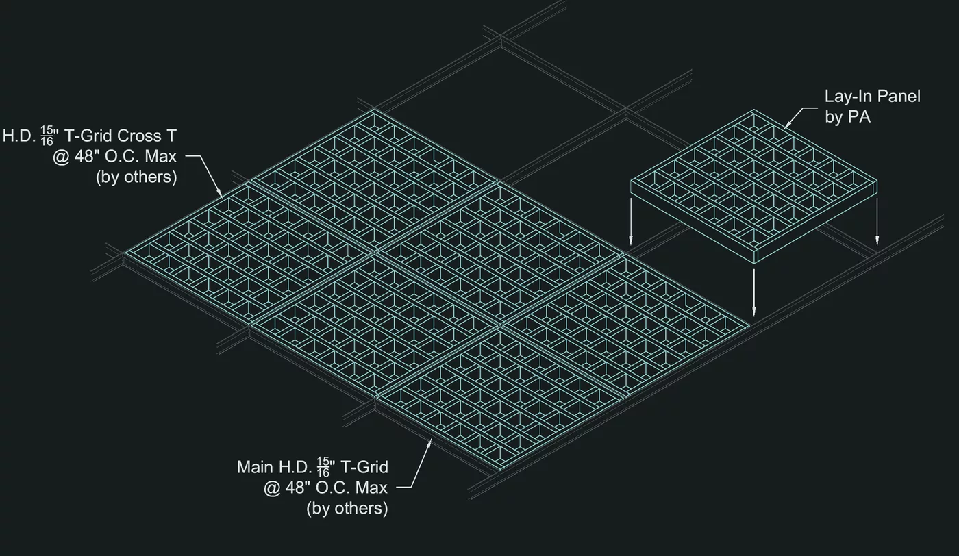 Isometric Lay-In Panel Installation drawing from the Wood-Cube-System submittal